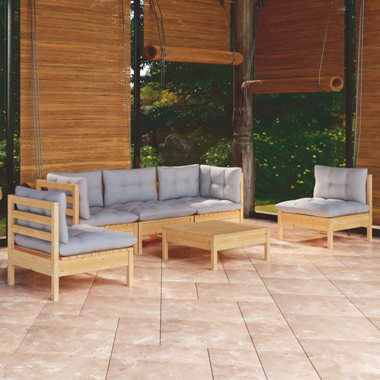 6-tlg. Garten-Lounge-Set mit Grauen Kissen Kiefer Massivholz