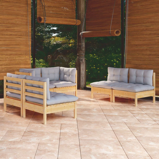 6-tlg. Garten-Lounge-Set mit Grauen Kissen Kiefer Massivholz