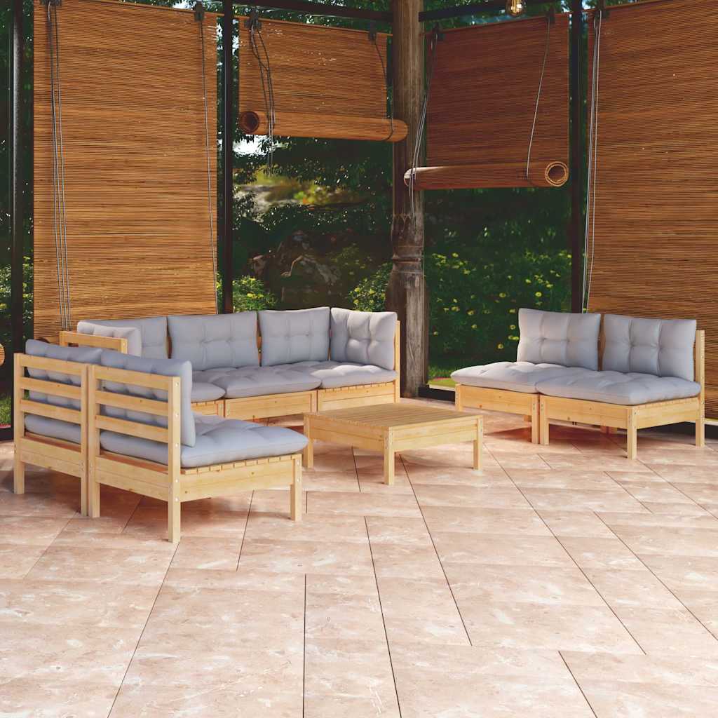 8-tlg. Garten-Lounge-Set mit Grauen Kissen Kiefer Massivholz