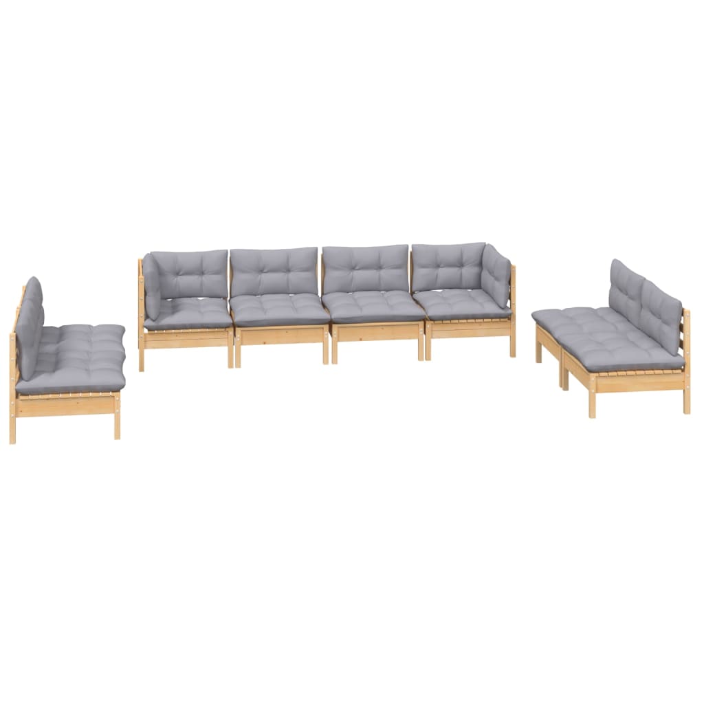 8-tlg. Garten-Lounge-Set mit Grauen Kissen Kiefer Massivholz