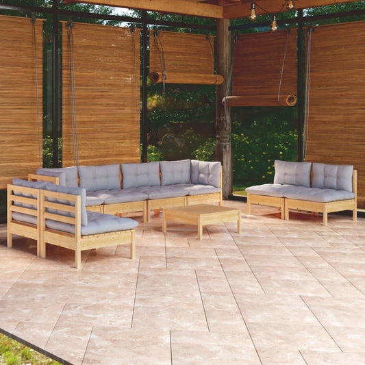 9-tlg. Garten-Lounge-Set mit Grauen Kissen Kiefer Massivholz