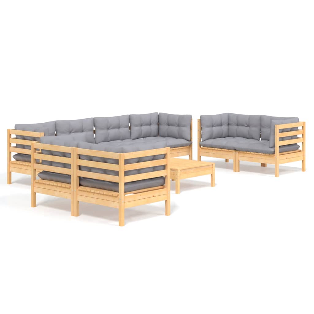 9-tlg. Garten-Lounge-Set mit Grauen Kissen Kiefer Massivholz