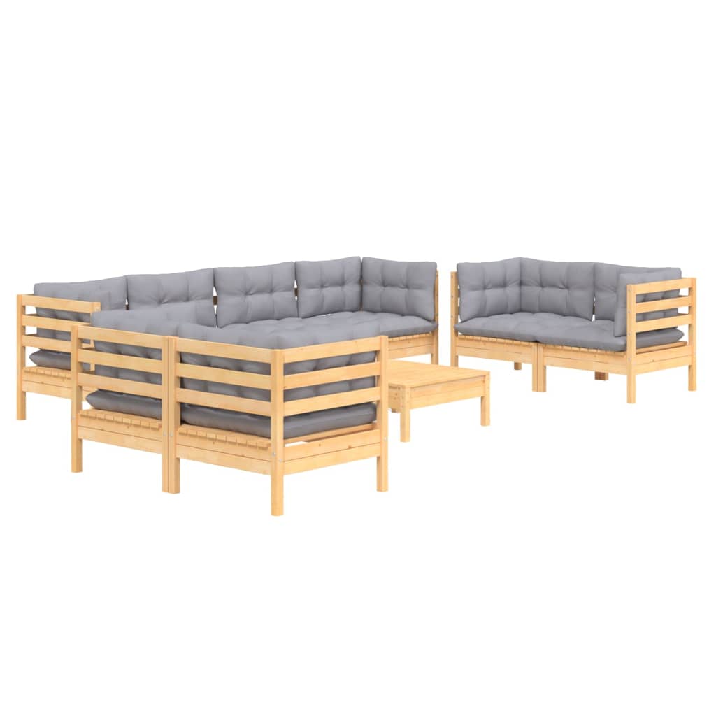 9-tlg. Garten-Lounge-Set mit Grauen Kissen Kiefer Massivholz