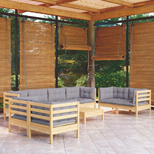 9-tlg. Garten-Lounge-Set mit Grauen Kissen Kiefer Massivholz