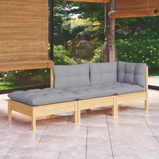 3-tlg. Garten-Lounge-Set mit Grauen Kissen Kiefer Massivholz
