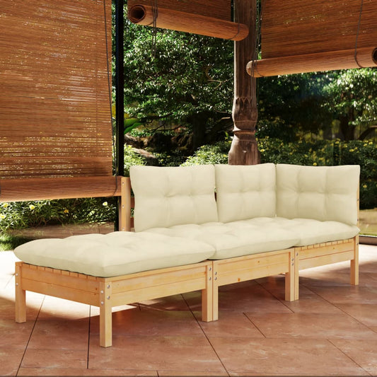 3-tlg. Garten-Lounge-Set mit Creme Kissen Massivholz Kiefer