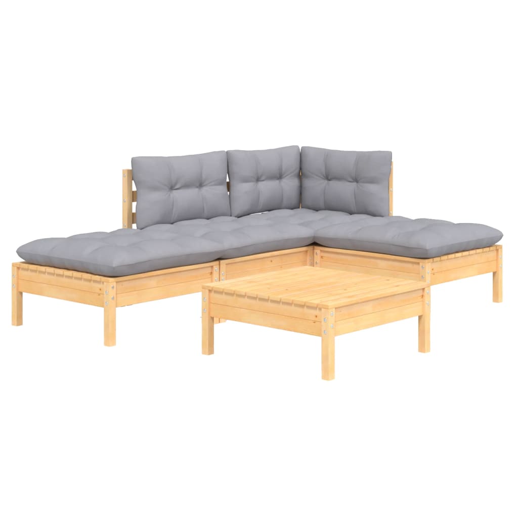 5-tlg. Garten-Lounge-Set mit Grauen Kissen Kiefernholz