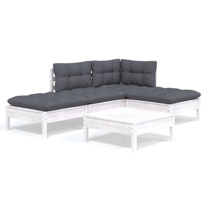 5-tlg. Garten-Lounge-Set mit Kissen Weiß Kiefernholz