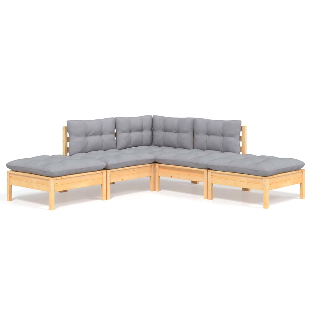 5-tlg. Garten-Lounge-Set mit Grauen Kissen Kiefernholz