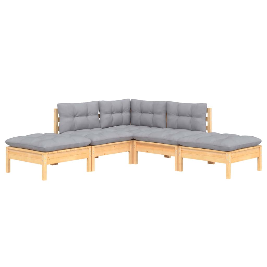 5-tlg. Garten-Lounge-Set mit Grauen Kissen Kiefernholz