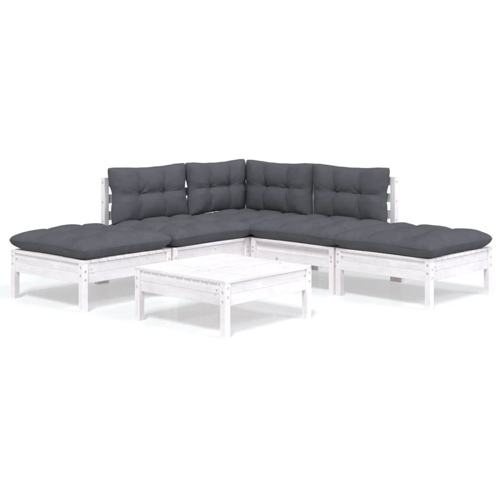 6-tlg. Garten-Lounge-Set mit Kissen Weiß Kiefernholz