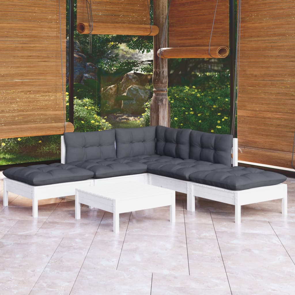6-tlg. Garten-Lounge-Set mit Kissen Weiß Kiefernholz