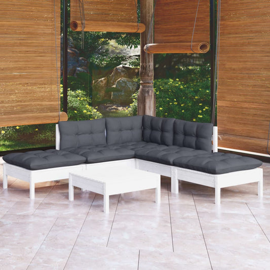 6-tlg. Garten-Lounge-Set mit Kissen Weiß Kiefernholz