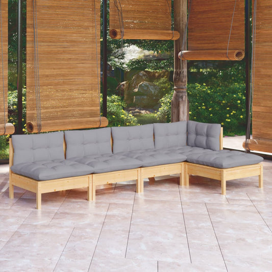 5-tlg. Garten-Lounge-Set mit Grauen Kissen Kiefernholz