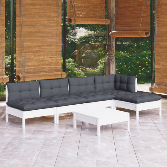 6-tlg. Garten-Lounge-Set mit Kissen Weiß Kiefernholz