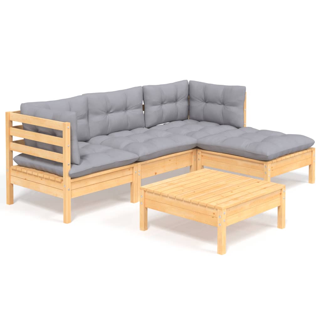5-tlg. Garten-Lounge-Set mit Grauen Kissen Kiefernholz