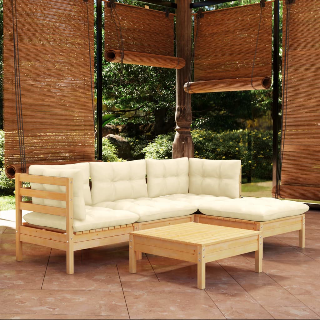 5-tlg. Garten-Lounge-Set mit Creme Kissen Kiefernholz