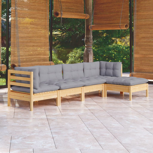 5-tlg. Garten-Lounge-Set mit Grauen Kissen Kiefernholz
