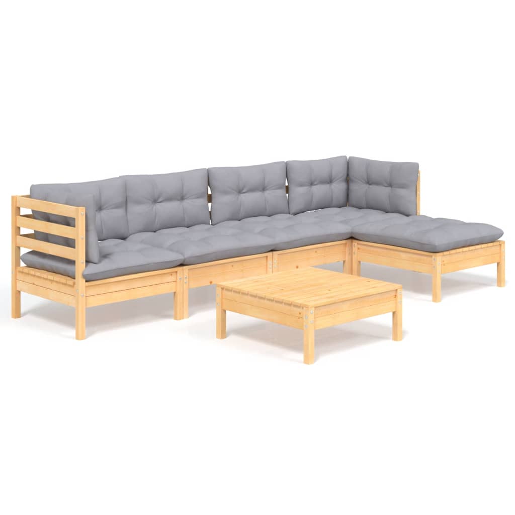 6-tlg. Garten-Lounge-Set mit Grauen Kissen Kiefernholz