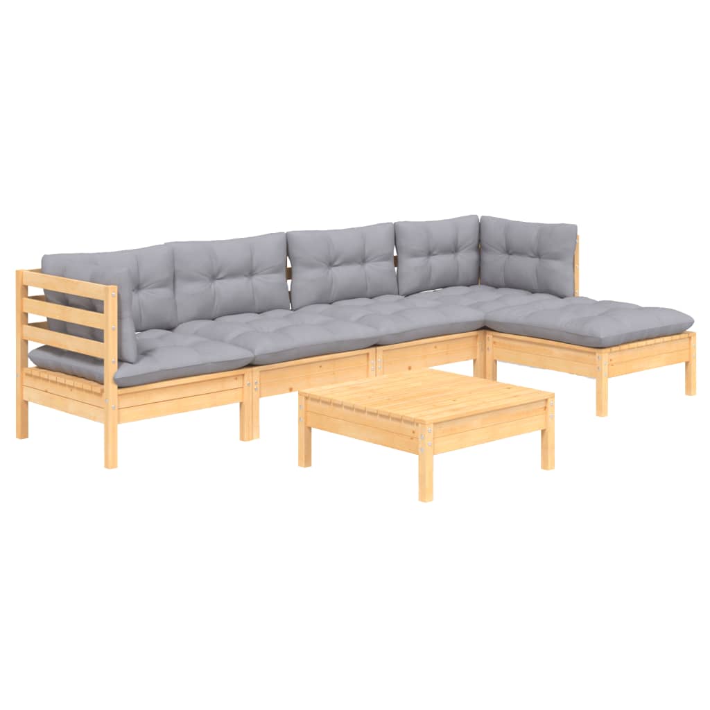 6-tlg. Garten-Lounge-Set mit Grauen Kissen Kiefernholz