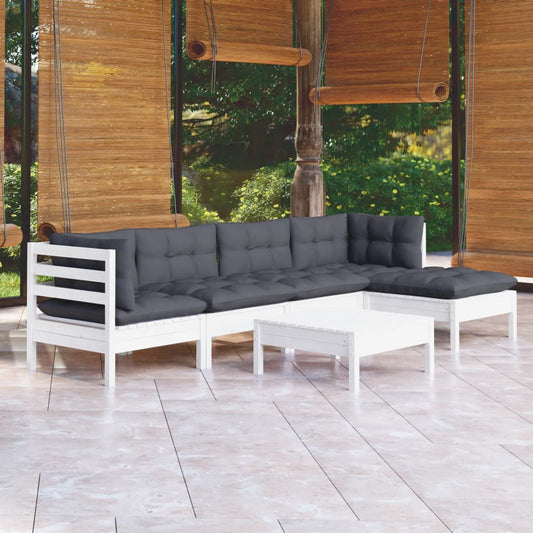 6-tlg. Garten-Lounge-Set mit Kissen Weiß Kiefernholz