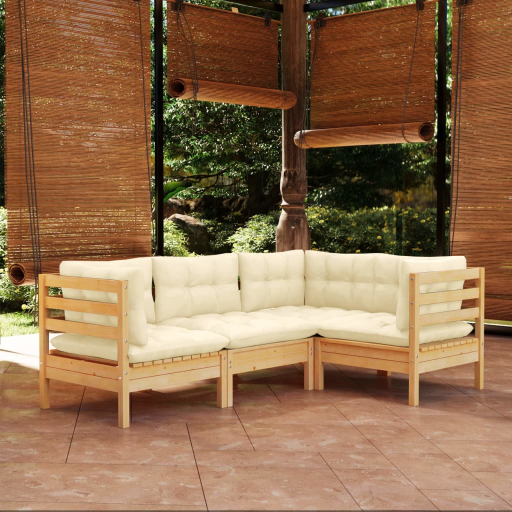 4-tlg. Garten-Lounge-Set mit Creme Kissen Kiefernholz