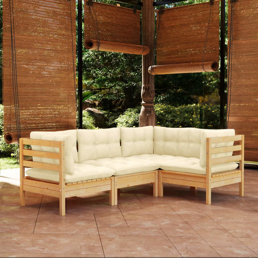 4-tlg. Garten-Lounge-Set mit Creme Kissen Kiefernholz