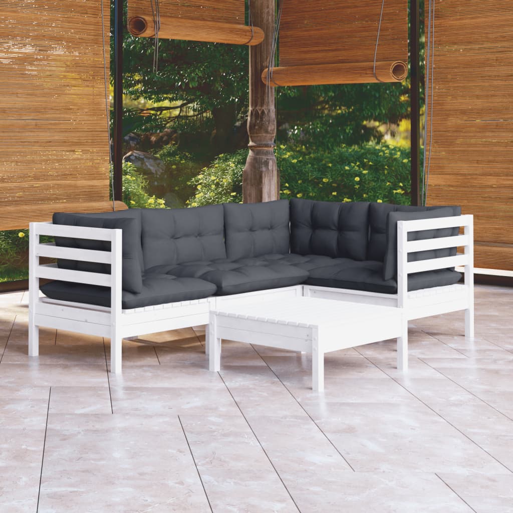 5-tlg. Garten-Lounge-Set mit Kissen Weiß Kiefernholz