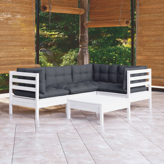 5-tlg. Garten-Lounge-Set mit Kissen Weiß Kiefernholz