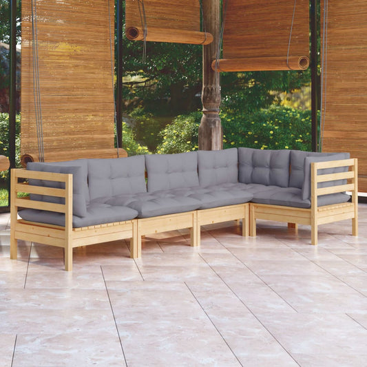 5-tlg. Garten-Lounge-Set mit Grauen Kissen Kiefernholz