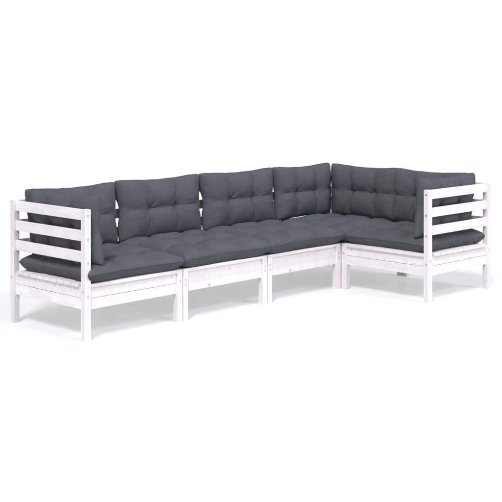 5-tlg. Garten-Lounge-Set mit Kissen Weiß Kiefernholz