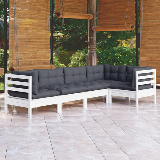 5-tlg. Garten-Lounge-Set mit Kissen Weiß Kiefernholz