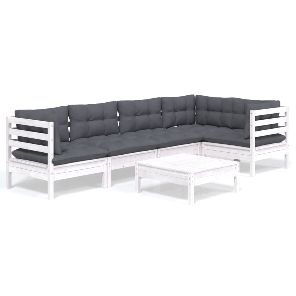 6-tlg. Garten-Lounge-Set mit Kissen Weiß Kiefernholz