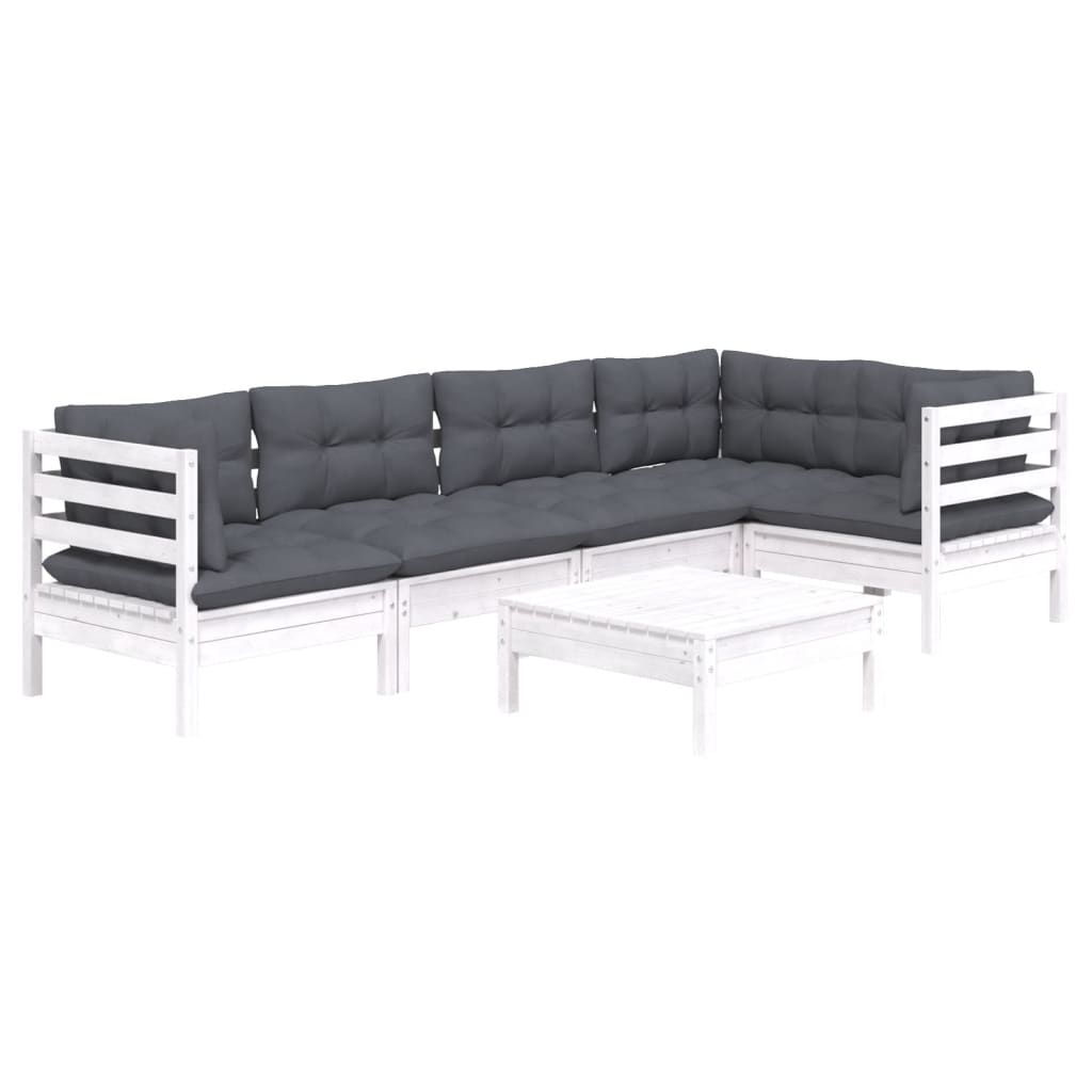 6-tlg. Garten-Lounge-Set mit Kissen Weiß Kiefernholz
