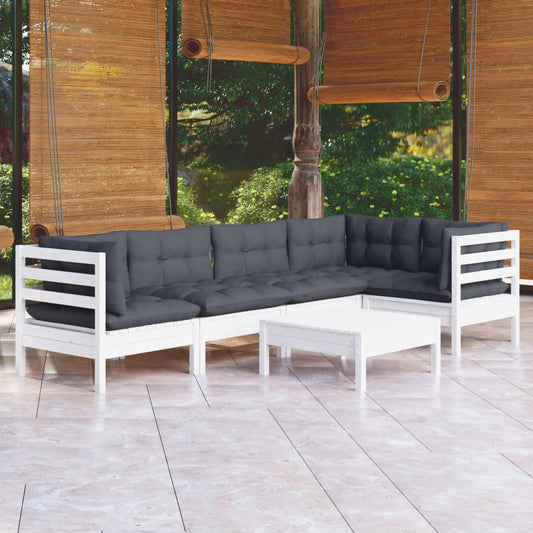 6-tlg. Garten-Lounge-Set mit Kissen Weiß Kiefernholz