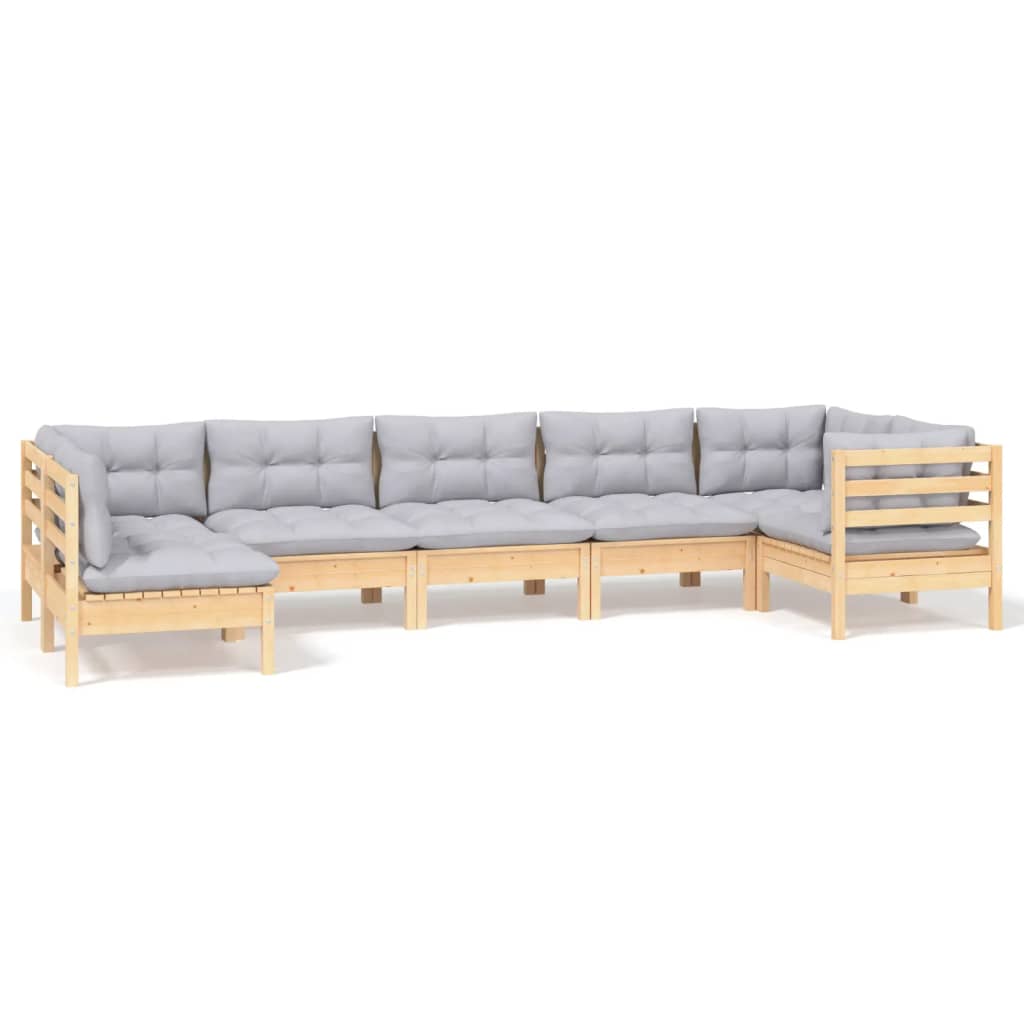 7-tlg. Garten-Lounge-Set mit Grauen Kissen Kiefernholz