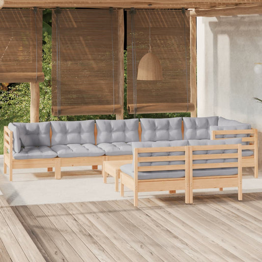 9-tlg. Garten-Lounge-Set mit Grauen Kissen Kiefer Massivholz