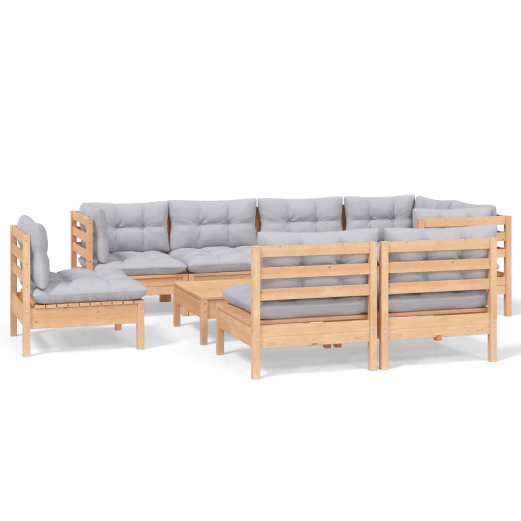 9-tlg. Garten-Lounge-Set mit Grauen Kissen Kiefer Massivholz