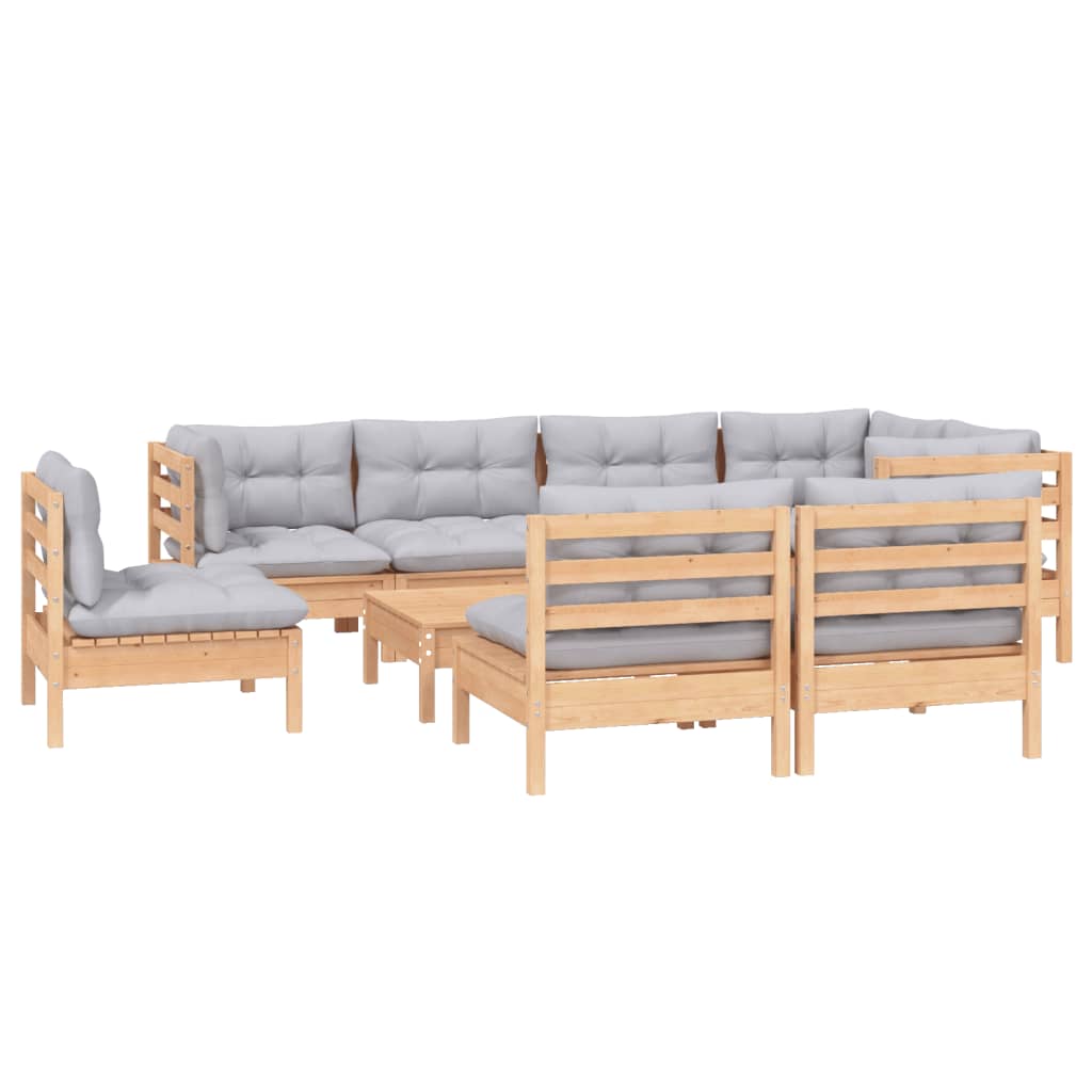 9-tlg. Garten-Lounge-Set mit Grauen Kissen Kiefer Massivholz