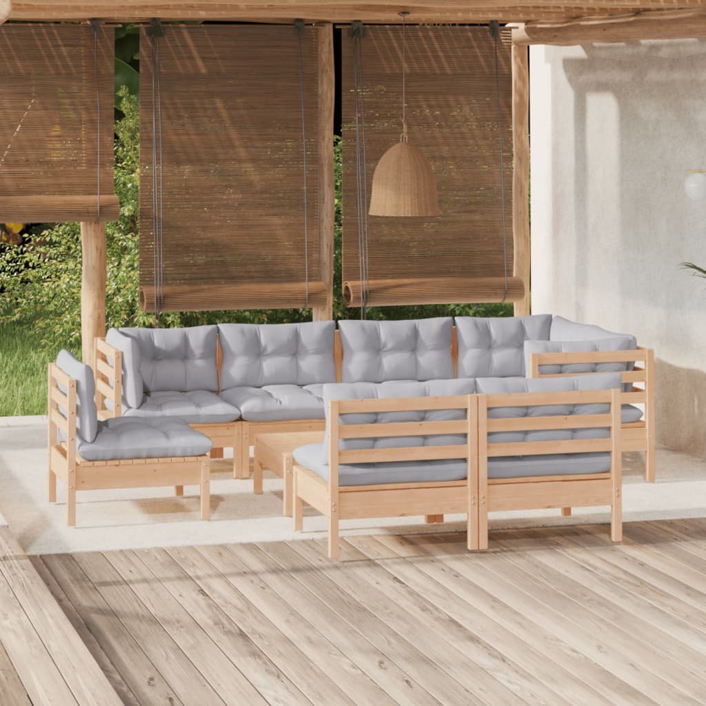 9-tlg. Garten-Lounge-Set mit Grauen Kissen Kiefer Massivholz
