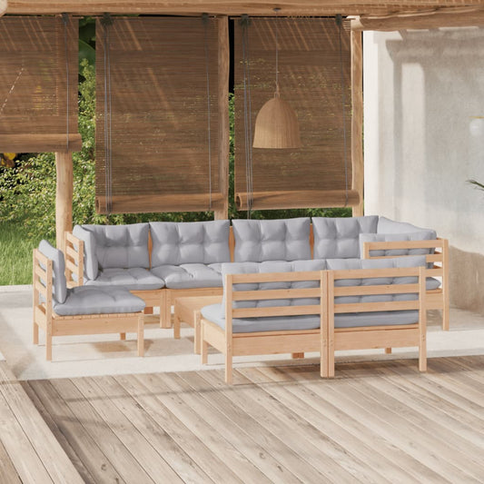 9-tlg. Garten-Lounge-Set mit Grauen Kissen Kiefer Massivholz