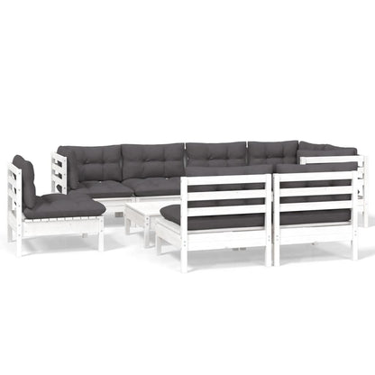 9-tlg. Garten-Lounge-Set mit Kissen Weiß Kiefer Massivholz
