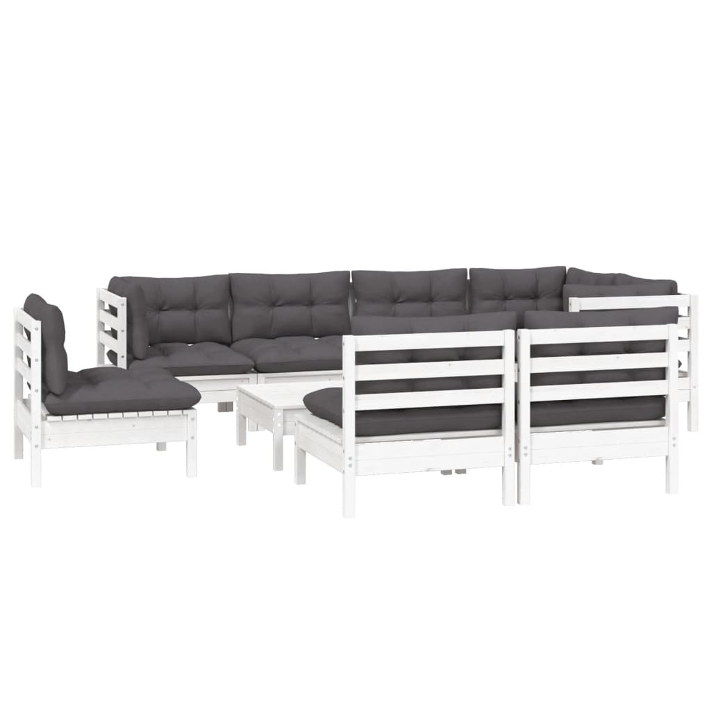 9-tlg. Garten-Lounge-Set mit Kissen Weiß Kiefer Massivholz
