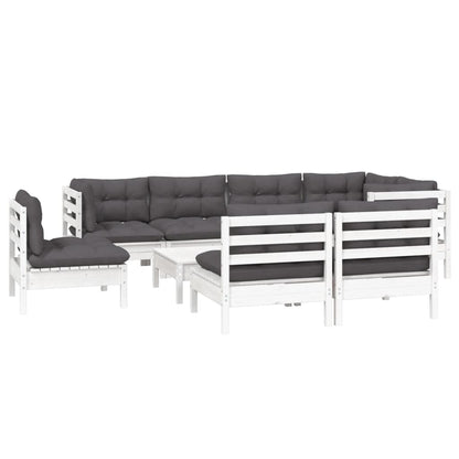 9-tlg. Garten-Lounge-Set mit Kissen Weiß Kiefer Massivholz