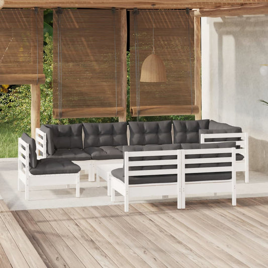 9-tlg. Garten-Lounge-Set mit Kissen Weiß Kiefer Massivholz