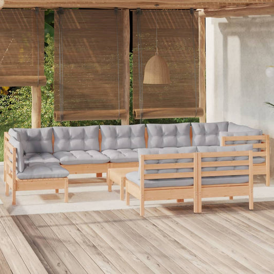 Salon de jardin 10 pièces avec coussins gris, bois de pin massif