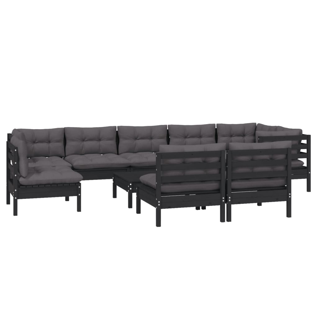 10-tlg. Garten-Lounge-Set mit Kissen Schwarz Massivholz Kiefer