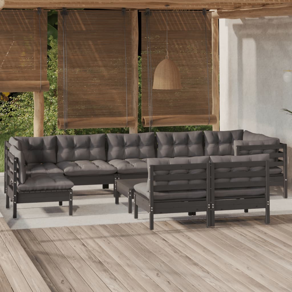 10-tlg. Garten-Lounge-Set mit Kissen Schwarz Massivholz Kiefer