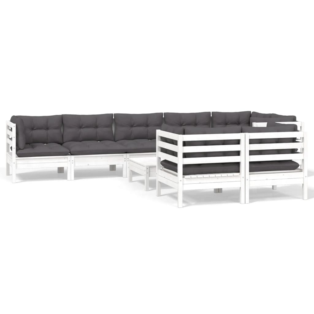 9-tlg. Garten-Lounge-Set mit Kissen Weiß Kiefer Massivholz