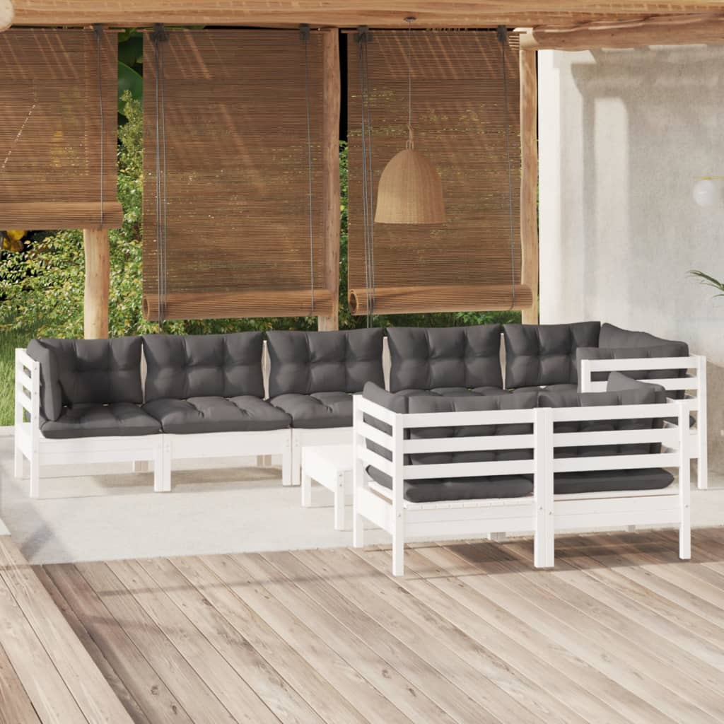 9-tlg. Garten-Lounge-Set mit Kissen Weiß Kiefer Massivholz